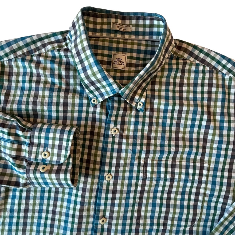 Peter Millar Mens XXL Gingham Check Cotton Button Down Shirt Blue Green Navy